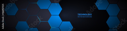 Dark gray and blue hexagonal technology abstract horizontal vector background. Blue bright energy flashes under hexagon in modern futuristic wide technology banner. Dark honeycomb texture grid.