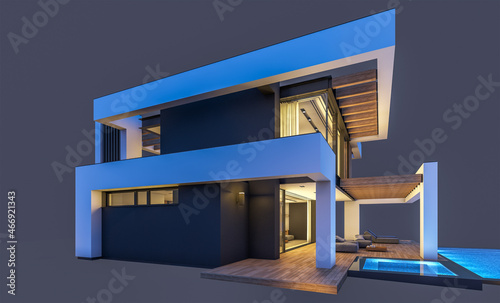 3d rendering of modern cozy house with pool and parking for sale or rent in luxurious style. In the night. Isolated on black. © korisbo