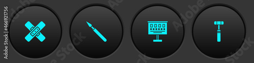 Set Crossed bandage plaster, Medical surgery scalpel, Eye test chart and Neurology reflex hammer icon. Vector