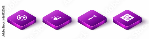 Set Isometric Petri dish with bacteria, Wheelchair for disabled person, Medical otoscope tool and X-ray shots icon. Vector