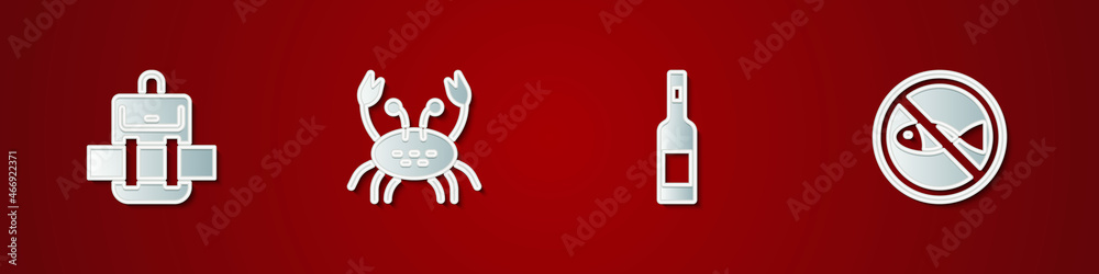 Set Hiking backpack, Crab, Bottle of vodka and No fishing icon. Vector Set Hiking backpack, Crab, Bottle of vodka and No fishing icon. Vector