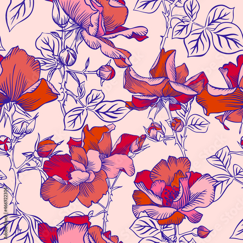 Seamless pattern with blossom large red roses petals buds and leaves. Artistic summer floral background. Beautiful botanical ornament. Line drawing, Vintage style.