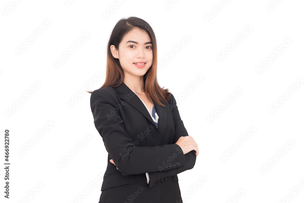Long haired Asian Thai woman wearing a long black suit, she is looking at the camera smiling and crossing her arms against a white background. Long haired Asian Thai woman wearing a long black suit, she is looking at the camera smiling and crossing her arms against a white background.