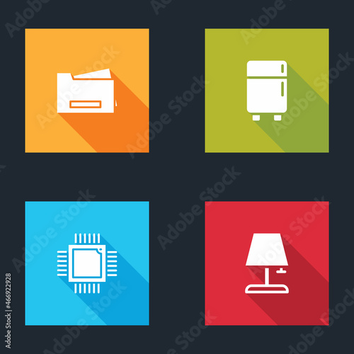 Set Printer, Refrigerator, Processor with microcircuits CPU and Table lamp icon. Vector