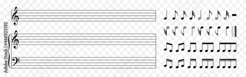 Music sheets with black music notes icons set. Isolated music sheet and note symbols. Simple musical notes signs. Vector illustration.