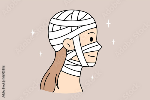 Head injury and healthcare concept. Head of young smiling woman cartoon character side view injured wrapped in bandages vector illustration 
