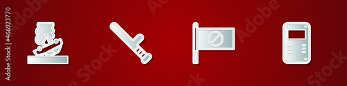 Set Burning car, Police rubber baton, Protest and assault shield icon. Vector