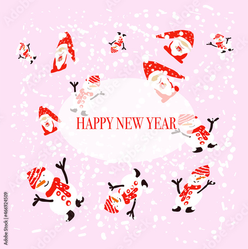 New year card with santa claus and snowmen. Pink background.