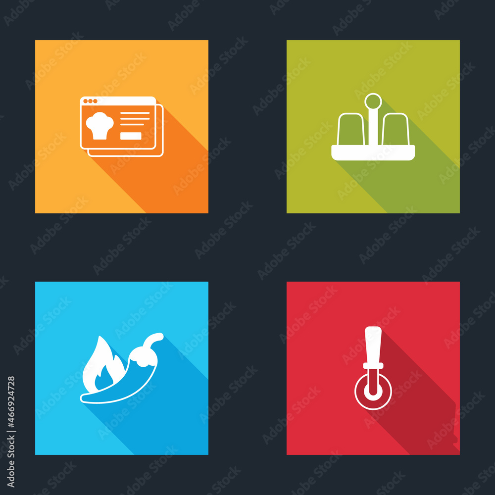 Set Online ordering and delivery, Salt pepper, Hot chili pod and Pizza knife icon. Vector Set Online ordering and delivery, Salt pepper, Hot chili pod and Pizza knife icon. Vector