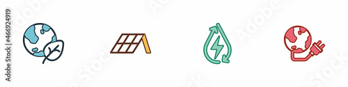 Set Earth globe and leaf, Solar energy panel, Water and Global power planet icon. Vector