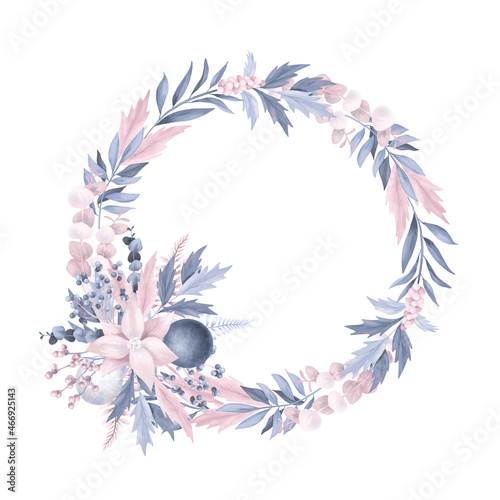 Floral pastel wreath of eucalyptus, holly tree, poinsettia and Christmas decorations, hand drawn illustration on white background