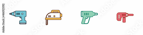 Set Electric cordless screwdriver, jigsaw, and drill machine icon. Vector