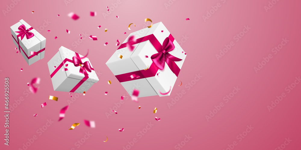 Vector illustration with flying white gift boxes with red ribbons and bows, and small blurry pieces of serpentines on pink background