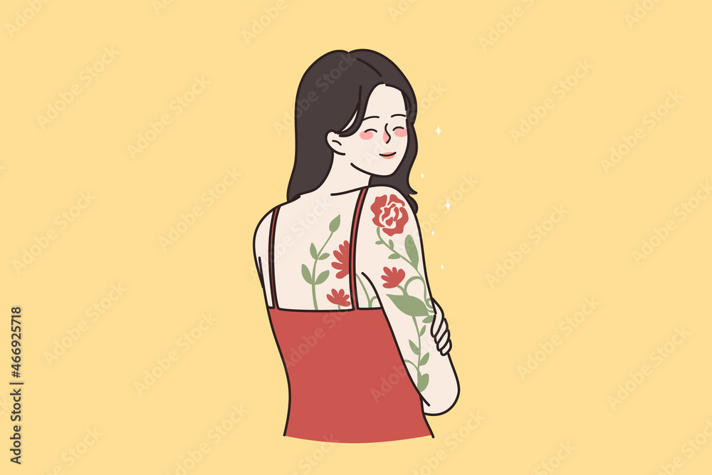 Smiling young woman with flower tattoo on arm, shoulder and back. Happy millennial generation z girl body painting drawing with ink. Hobby, art concept. Self-expression. Flat vector illustration. Smiling young woman with flower tattoo on arm, shoulder and back. Happy millennial generation z girl body painting drawing with ink. Hobby, art concept. Self-expression. Flat vector illustration.