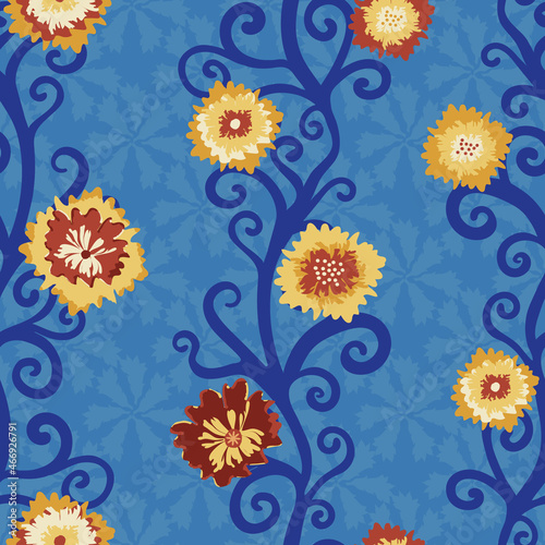 Abstract blanket flower vector seamless botanical pattern background. Yellow red trailing florals on textured blue backdrop. Wild meadow flowers vertical geometric modern botanical repeat for wellness