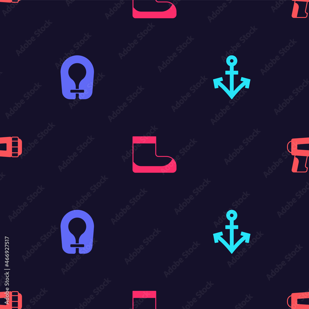 Set Anchor, Life jacket, Boots and Flashlight for diver on seamless pattern. Vector