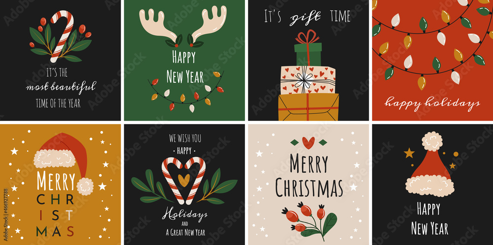 Cute holiday cards. A set of New Year and Christmas pictures with congratulations. 