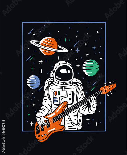 An astronaut plays the guitar in space. Vector illustration for t-shirt prints, posters and other uses.