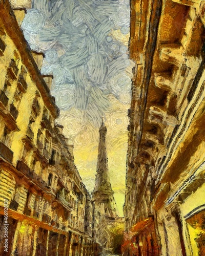 France, Paris painting art. Big sie, adaptive for print or graphic work. Postcard, poster, wall art template. Stylized in Vincent Van Gogh paintings style. Europe touristic place. Traveling artwork.