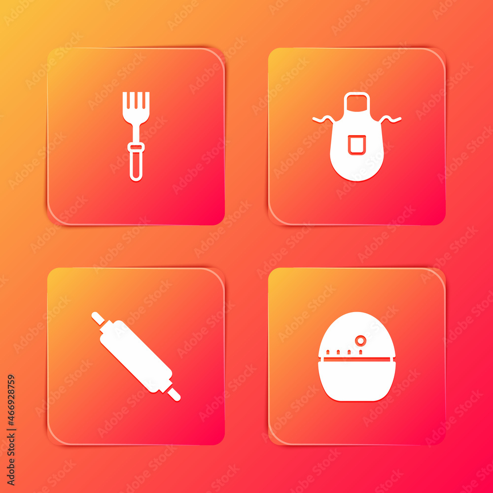 Set Fork, Kitchen apron, Rolling pin and timer icon. Vector
