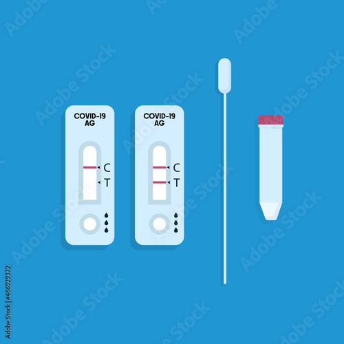 COVID-19, Antigen test kit (ATK) with a nasal swab.Vector illustration. flat design isolated on blue background. 