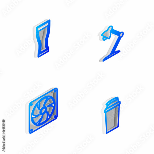 Set Isometric line Table lamp, Glass of beer, Computer cooler and Fitness shaker icon. Vector