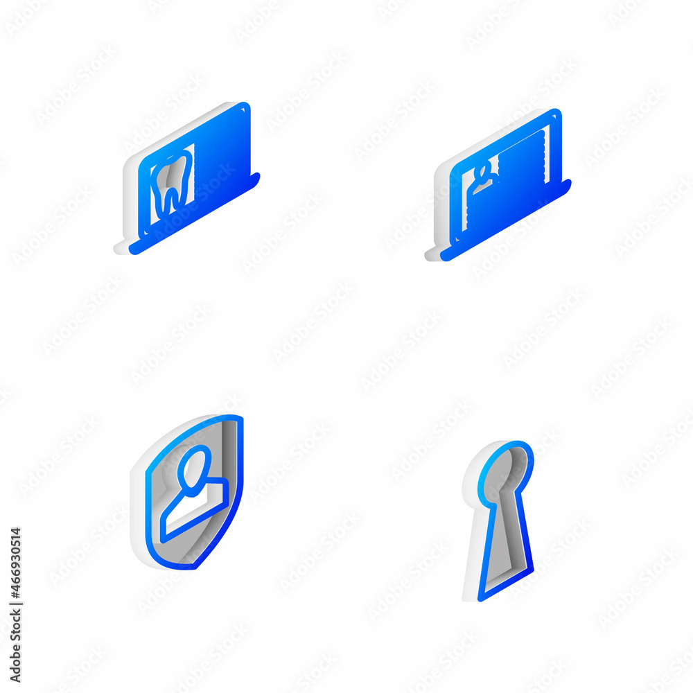 Set Isometric line Laptop with resume, dental card, User protection and Keyhole icon. Vector Set Isometric line Laptop with resume, dental card, User protection and Keyhole icon. Vector