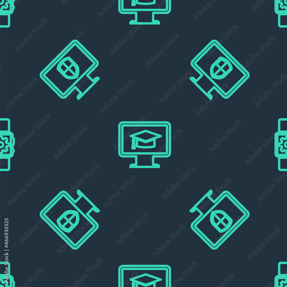 Set line Monitor with graduation cap, and shield and Smartwatch setting on seamless pattern. Vector Set line Monitor with graduation cap, and shield and Smartwatch setting on seamless pattern. Vector