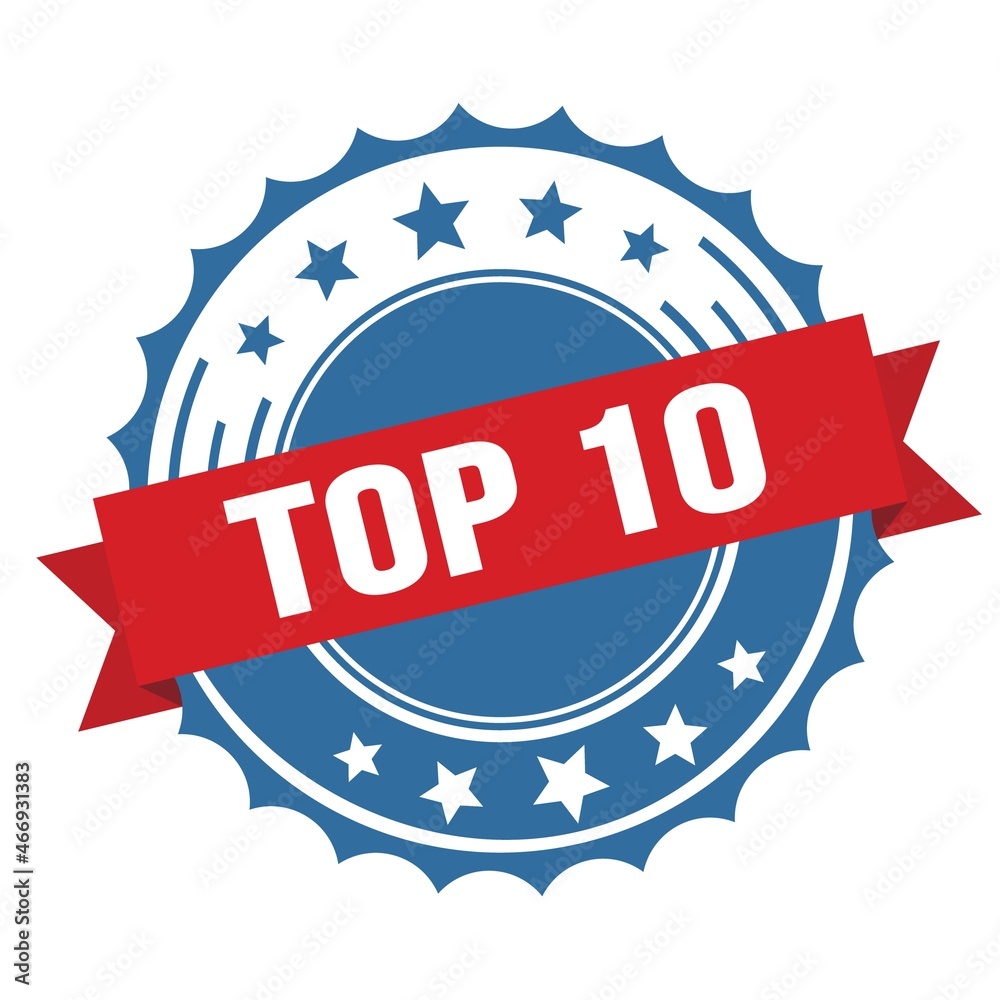 TOP 10 text on red blue ribbon stamp. TOP 10 text on red blue ribbon stamp.
