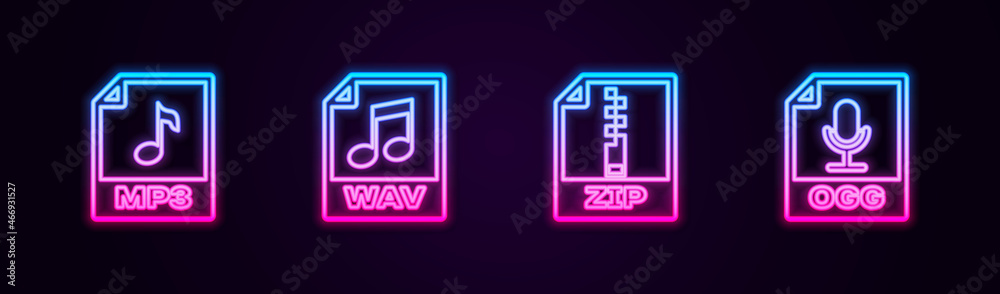 Set line MP3 file document, WAV, ZIP and OGG. Glowing neon icon. Vector Set line MP3 file document, WAV, ZIP and OGG. Glowing neon icon. Vector