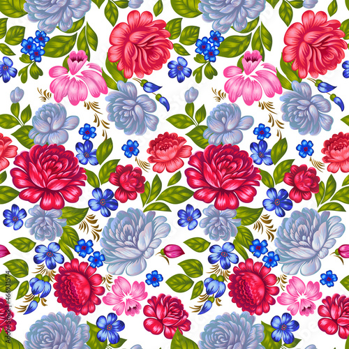 Floral seamless pattern in folk style. Colorful large roses isolated on white. Decorative summer botanical background for fashion prints, fabric, textile or bedding. Traditional Russian motif.