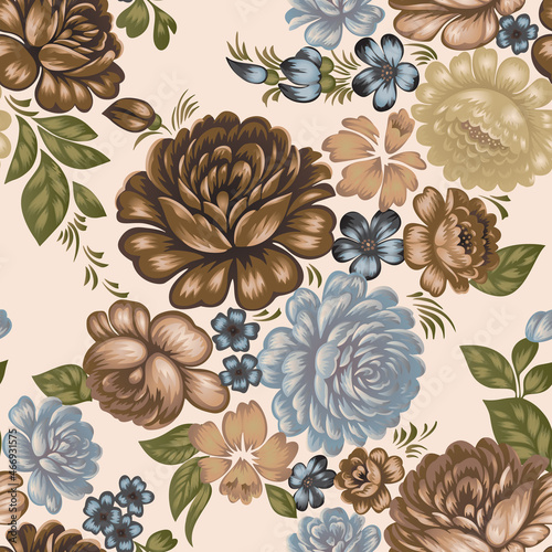Floral seamless pattern in folk style. Colorful large roses. Boho ornament. Decorative summer botanical background for fashion prints, fabric, textile, wrapping or bedding. Traditional Russian motif.
