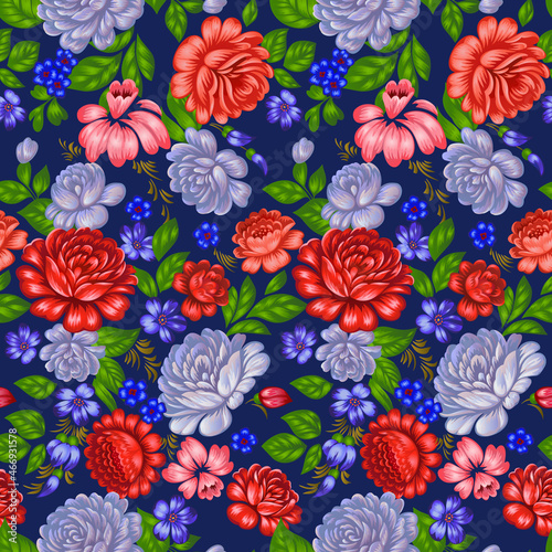 Floral seamless pattern in folk style. Colorful large roses. Boho ornament. Decorative summer botanical background for fashion prints, fabric, textile, wrapping or bedding. Traditional Russian motif. © Galakam