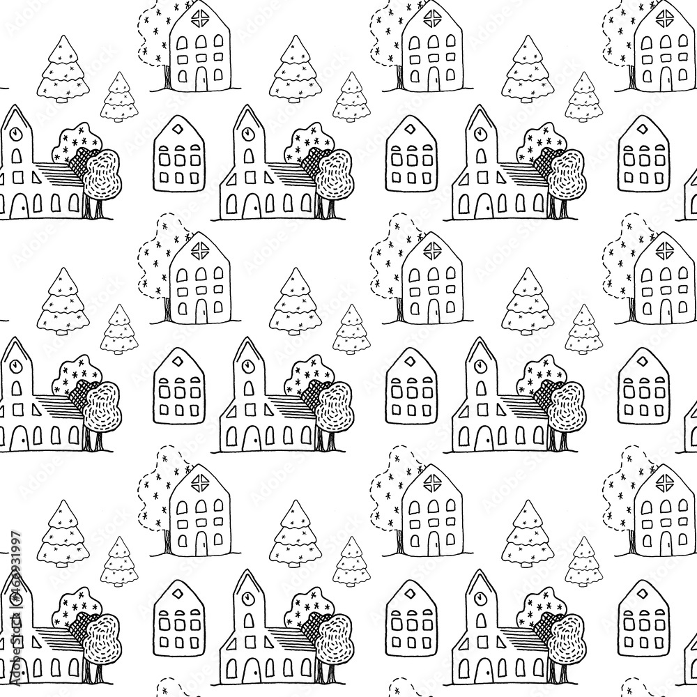 Winter city, houses, trees, town hall, snowflakes. Seamless pattern, hand-drawn, black and white. Isolated on a white background. Doodle style.
