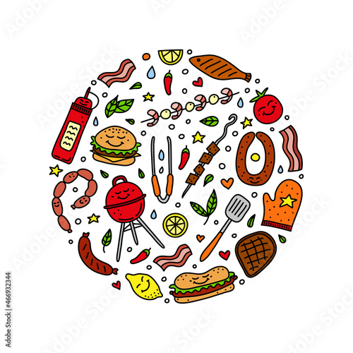Doodle barbecue, picnic icons in circle.