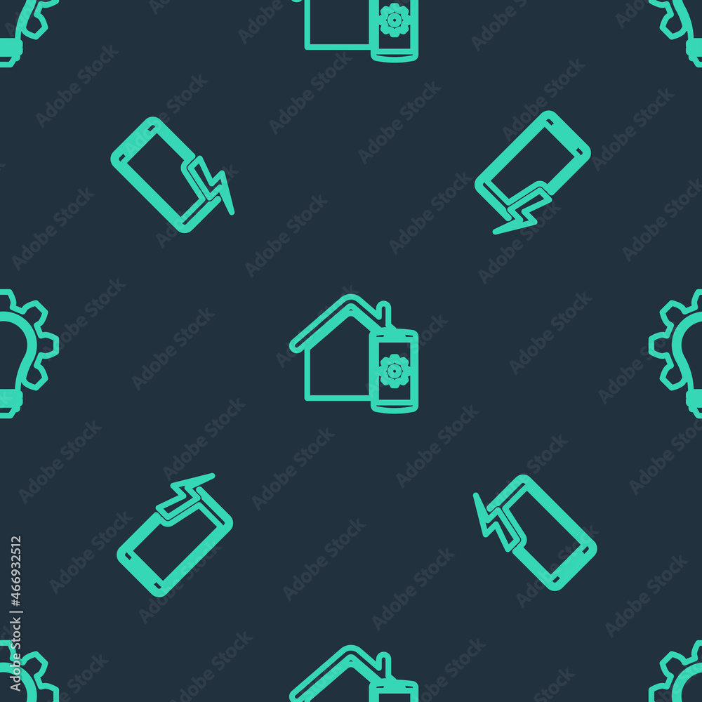 Set line Smart home remote control system, Mobile charging battery and Light bulb and gear on seamless pattern. Vector Set line Smart home remote control system, Mobile charging battery and Light bulb and gear on seamless pattern. Vector