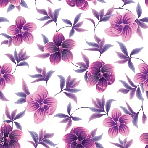 Flower and leaves tropical exotic seamless pattern colorful fabric texture print repeated. Exotic frangipani floral elements  abstract leaves tropic purple and branches on white background. wallpaper