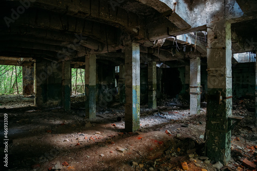 Old abandoned ruined industrial building overgrown by plants and trees