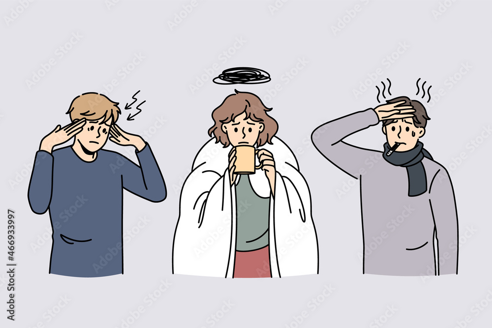 Fever and feeling sick concept. Group of young people standing touching heads and foreheads feeling fever and ill having high temperature vector illustration Fever and feeling sick concept. Group of young people standing touching heads and foreheads feeling fever and ill having high temperature vector illustration