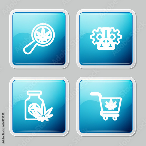 Set line Magnifying glass and marijuana, Test tube with, Medical bottle and Shopping cart icon. Vector