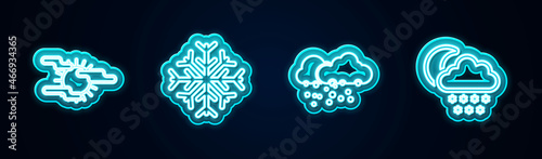 Set line Fog and sun, Snowflake, Cloud with snow and moon. Glowing neon icon. Vector