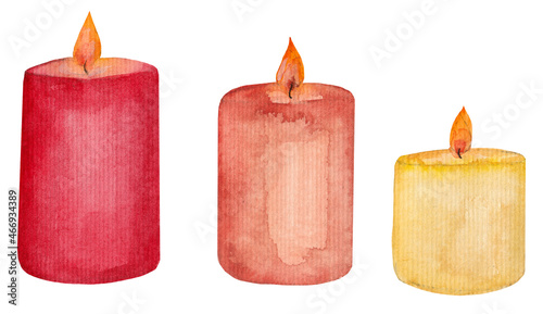 Beautiful watercolor collection, three multi-colored candles of different sizes isolated on white background. 