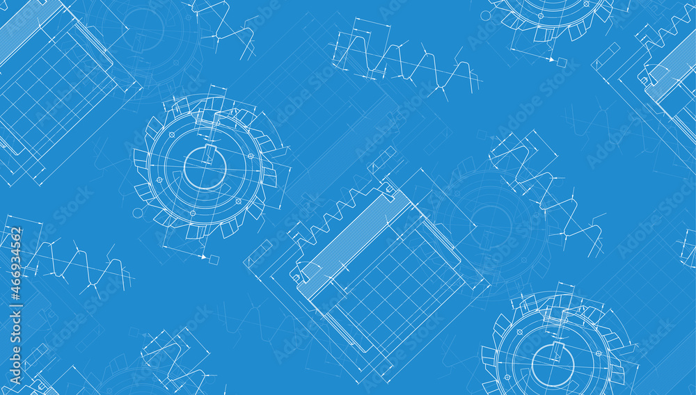 Mechanical engineering drawings on blue background. Cutting tools, milling cutter. Technical Design. Cover. Blueprint. Seamless pattern. Vector illustration.