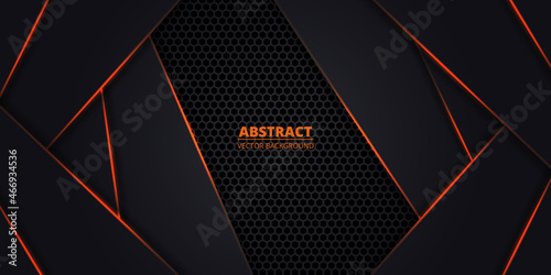 Dark grey and orange abstract vector background with hexagon carbon fiber. Technology background with honeycomb grid and orange luminous lines. Futuristic luxury modern backdrop.