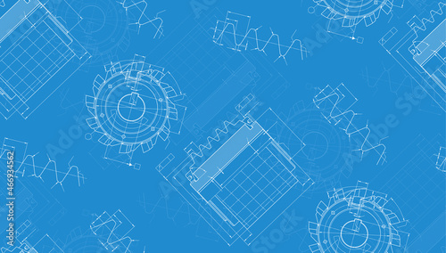 Mechanical engineering drawings on blue background. Cutting tools, milling cutter. Technical Design. Cover. Blueprint. Seamless pattern. Vector illustration.