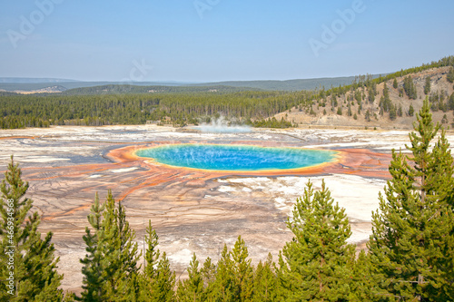 Grand Prismatic Spring (with people and cars removed ) Yellowstone National Park from overlook in summer 