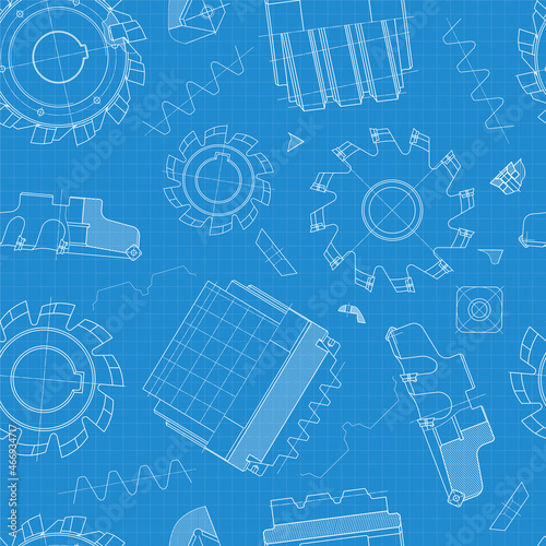 Mechanical engineering drawings on blue background. Cutting tools, milling cutter. Technical Design. Cover. Blueprint. Seamless pattern. Vector illustration.