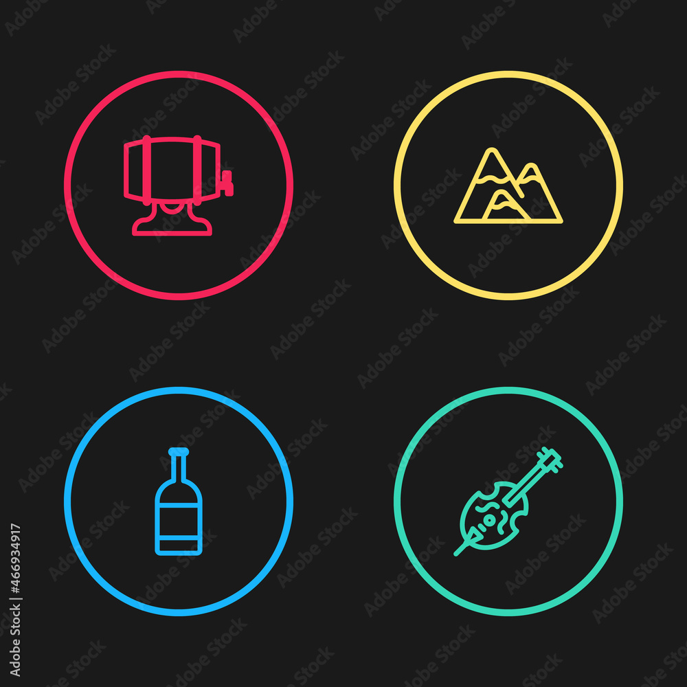 Set line Beer bottle, Violin, Mountains and Wooden barrel on rack icon. Vector Set line Beer bottle, Violin, Mountains and Wooden barrel on rack icon. Vector