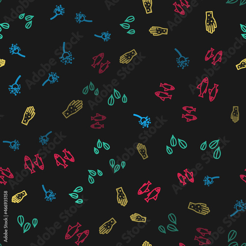 Set line Flower producing pollen, Sesame seeds, Hand with psoriasis or eczema and Fish on seamless pattern. Vector