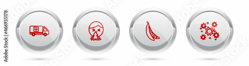 Set line Emergency car, Handkerchief to his runny nose, Kidney beans and Bacteria. Silver circle button. Vector